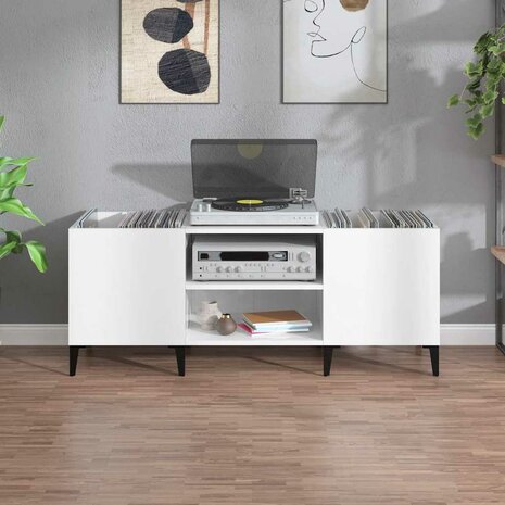Platenkast 121x38x48 cm bewerkt hout hoogglans wit 3