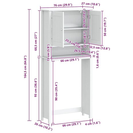 Wasmachinekast BERG 76x27x164,5 cm massief hout wit 8