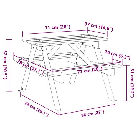 Picknicktafel voor 4 kinderen met parasolgat massief vurenhout 8