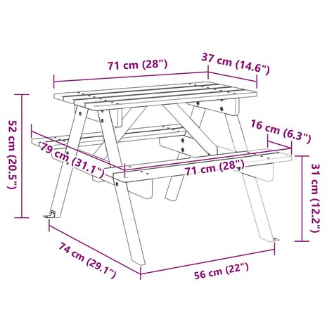 Picknicktafel voor 4 kinderen met parasolgat massief vurenhout 8