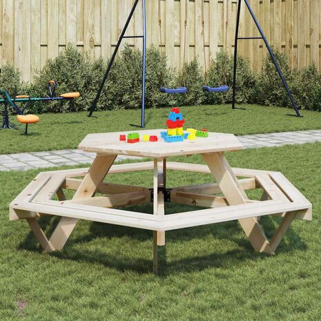 Picknicktafel voor 6 kinderen met banken zeshoekig vurenhout 1