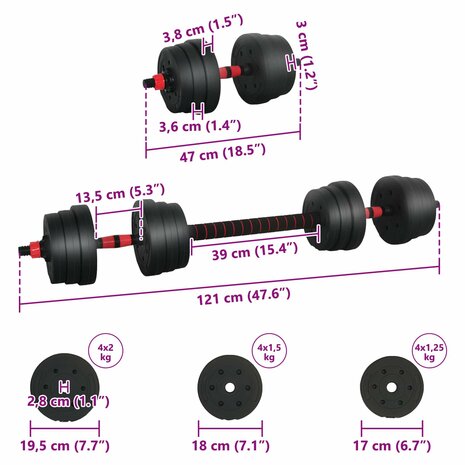 2-in-1 Halter-Barbell Set 30kg Zwart en Rood 8