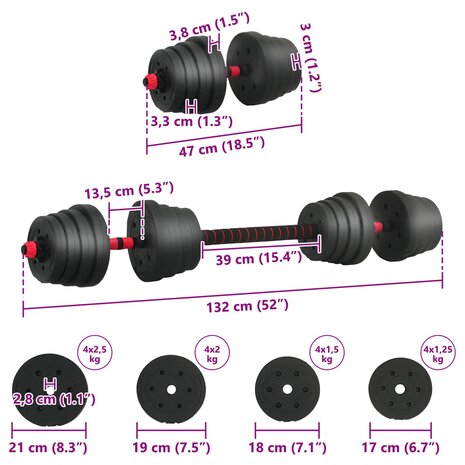 2-in-1 Halter-Barbell Set 30kg Zwart en Rood 8