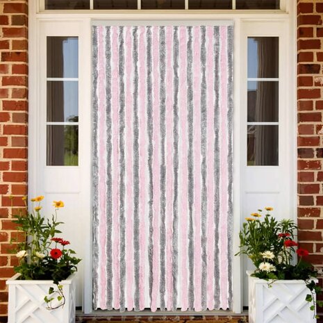 Vliegengordijn 90x220 cm chenille zilvergrijs en roze 1
