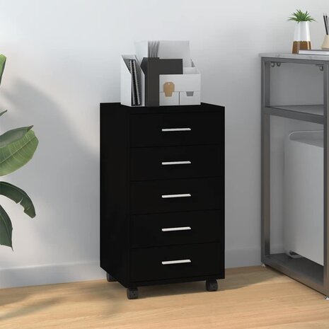 Ladekast met wieltjes bewerkt hout zwart 1