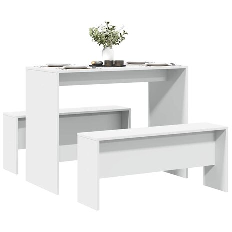 3-delige Eettafel en bankenset bewerkt hout wit 3