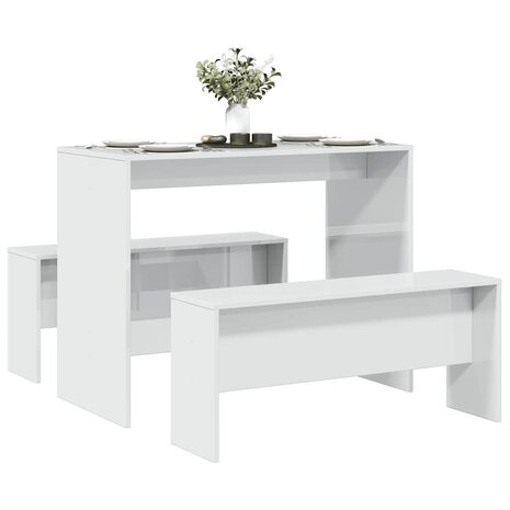 3-delige Eettafel en bankenset bewerkt hout hoogglans wit 3