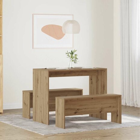 3-delige Eettafel en bankenset bewerkt hout artisanaal eiken 1