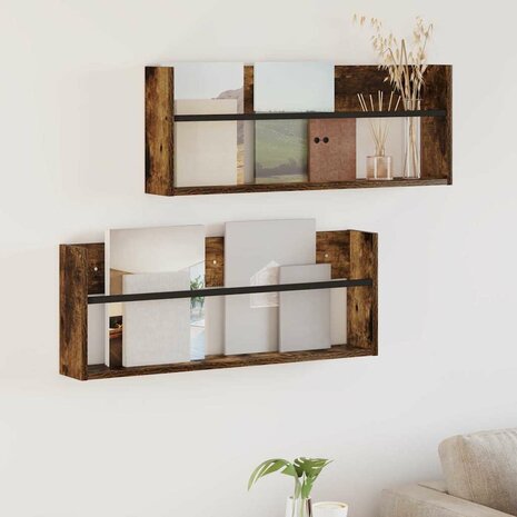 Tijdschriftenrek met plank 2 pcs Gerookt eiken 80 x 12 x 30 cm 1