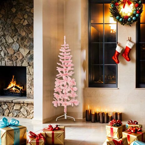 Kunstkerstboom half met standaard smal 150 cm roze 2