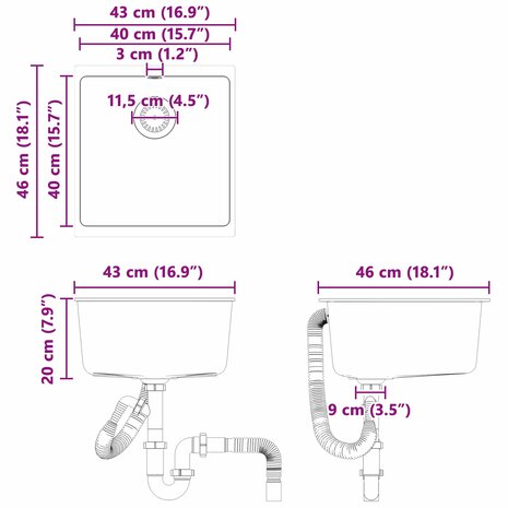Spoelbak Zwart 430 x 460 mm 80% Kwarts en 20% Hars 9