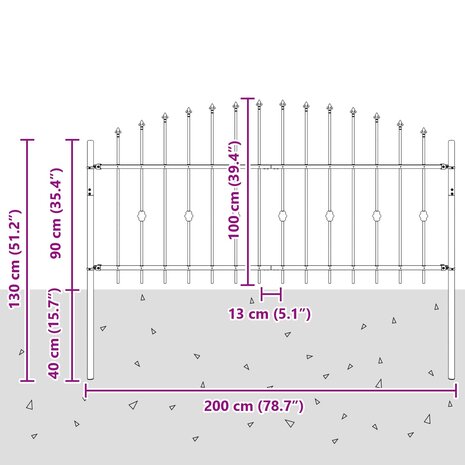 Spijlenhekwerk Zwart 200 x 130 cm Gepoedercoat staal 7