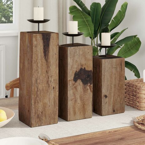 Kaarsenhouder 3 pcs Naturel Massief gerecycled hout 1