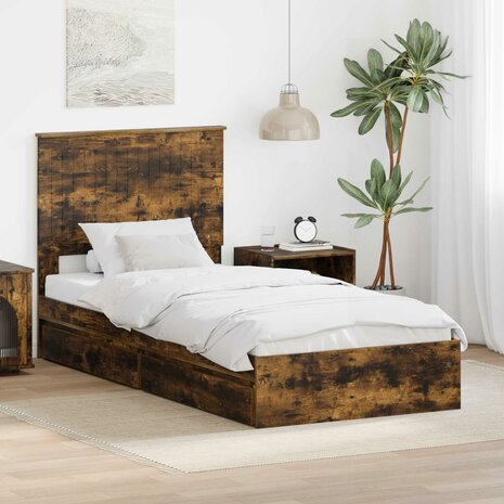 Opslag bed met lade Gerookt eiken 90 x 200 cm Bewerkt hout 1