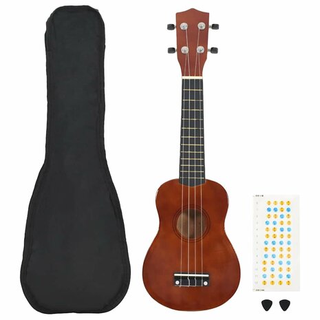 Ukuleleset met tas voor kinderen sopraan 21'' donkerhoutkleurig     1