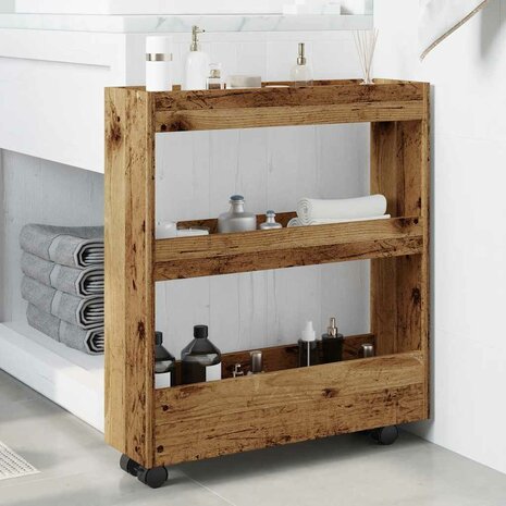 Opbergtrolley smal 3-laags bewerkt hout oud houtkleurig 3