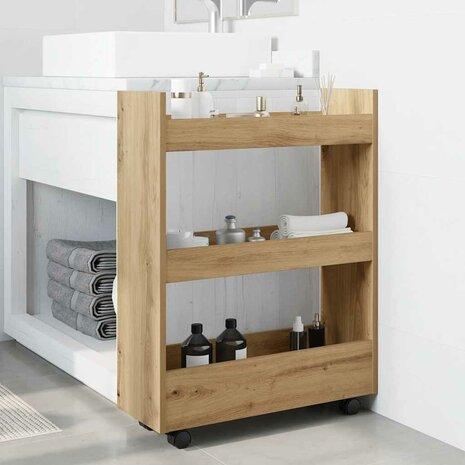 Opbergtrolley smal 3-laags bewerkt hout artisanaal eikenkleurig 1