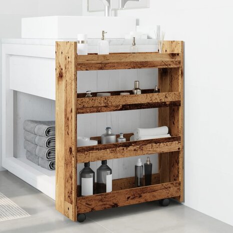 Opbergtrolley smal 4-laags bewerkt hout oud houtkleurig 3