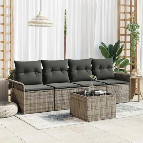 Bankstel met kussen 5 pcs Grijs poly rattan 1