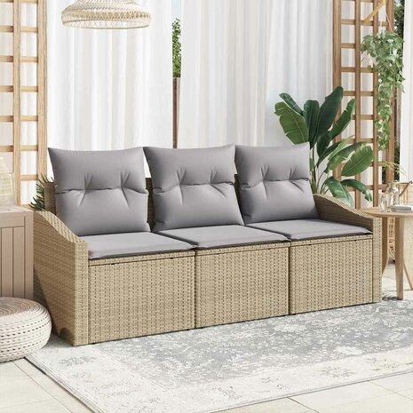 Bankstel met kussen 3 pcs Beige poly rattan 1