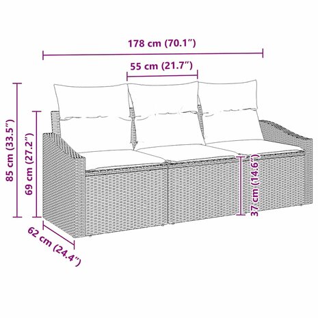Bankstel met kussen 3 pcs Beige poly rattan 7