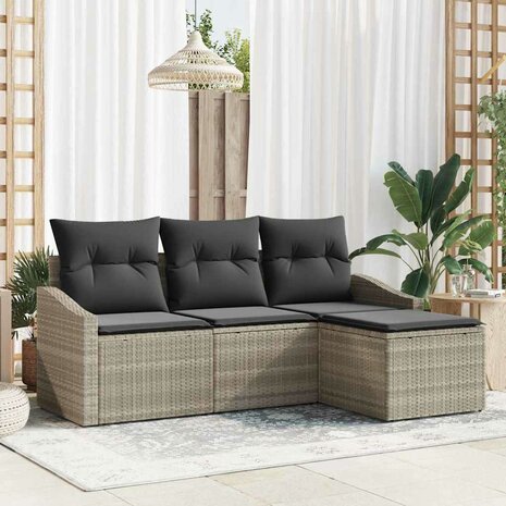 Bankstel met kussen 4 pcs Lichtgrijs poly rattan 1