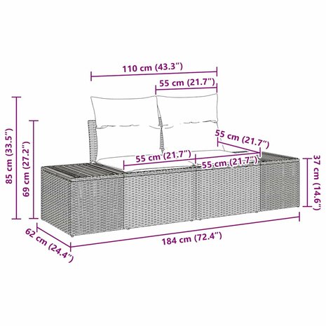 Bankstel met kussen 3 pcs Bruin poly rattan 8