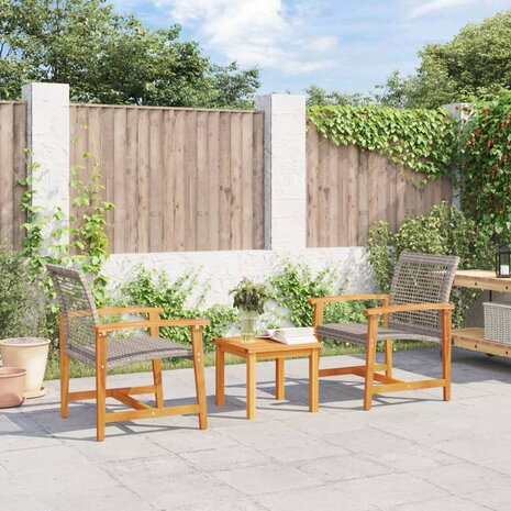 3-delige Bistroset poly rattan en acaciahout grijs 1