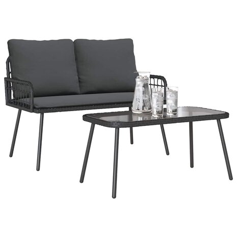 Tuin eettafelset met kussen 2 pcs Zwart poly rattan 3