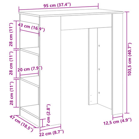 Bartafel met rekken 95x47x103,5 cm bewerkt hout oud houtkleur 9