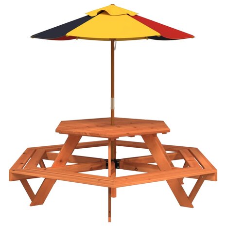 Picknicktafel voor 4 kinderen met parasol zeshoekig vurenhout 2