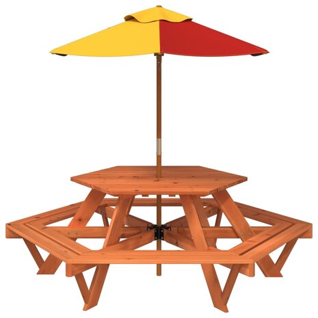Picknicktafel voor 4 kinderen met parasol zeshoekig vurenhout 3