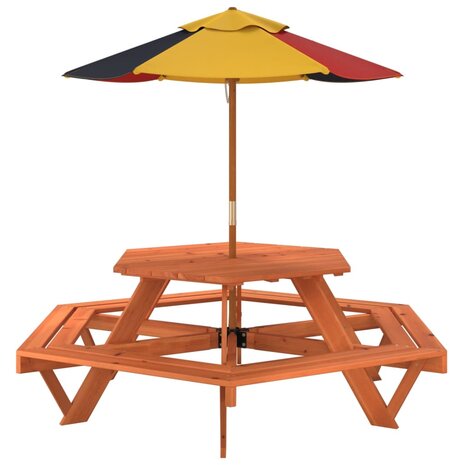 Picknicktafel voor 4 kinderen met parasol zeshoekig vurenhout 5