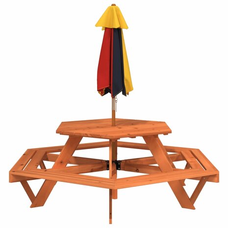 Picknicktafel voor 4 kinderen met parasol zeshoekig vurenhout 6