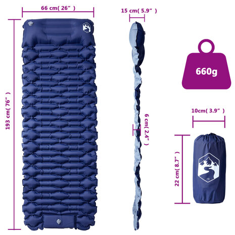 Kampeermatras met kussen zelfopblazend 1-persoons marineblauw 6