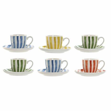 Set van 6 kopjes met schotel Home ESPRIT Geel Blauw Groen Koraal Porselein Strepen Mediterrane 90 ml 1