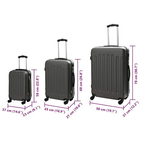 Koffer met slot 3 pcs Donkergrijs 50 x 31 x 78 cm ABS Kunststof 12