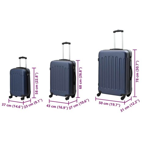 Koffer met slot 3 pcs Donkerblauw 50 x 31 x 78 cm ABS Kunststof 12
