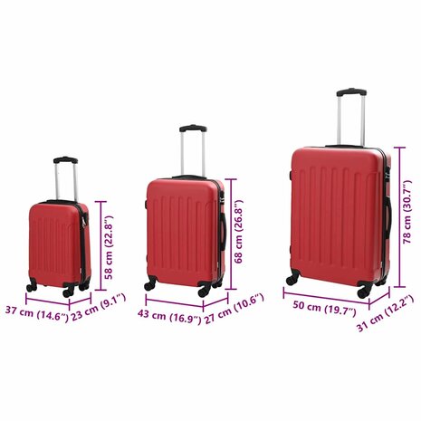 Koffer met slot 3 pcs Rood 50 x 31 x 78 cm ABS Kunststof 12