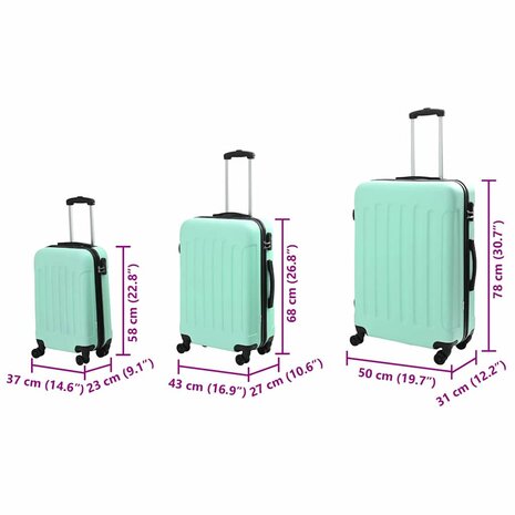 Koffer met slot 3 pcs Mintgroen 50 x 31 x 78 cm ABS Kunststof 12