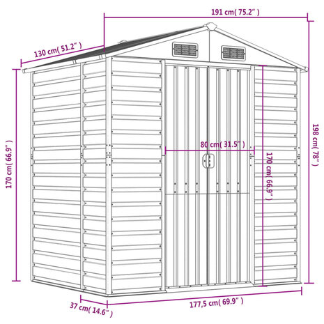 Tuinschuur 191x130x198 cm gegalvaniseerd staal antracietkleurig 12