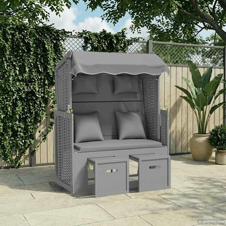 Strandstoel met kussens poly rattan en massief hout grijs 1