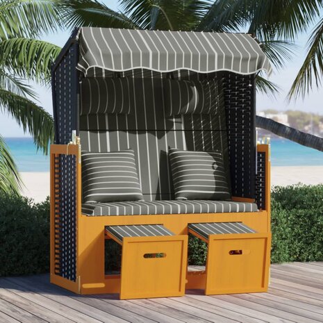 Strandstoel met kussens poly rattan en hout zwart en grijs 1