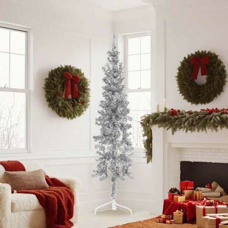 Kunstkerstboom half met standaard smal 180 cm zilverkleurig 2