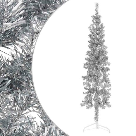 Kunstkerstboom half met standaard smal 180 cm zilverkleurig 3