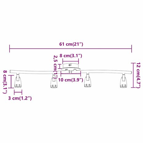 Plafondspot Nikkel 61 x 10 x 12,5 cm Metaal 12