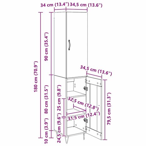 Highboard Zwart Eiken 34,5 x 34 x 90 cm Bewerkt hout 12