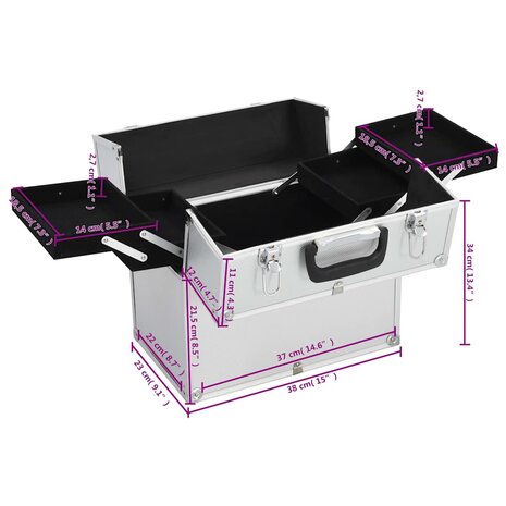 Make-up koffer 38x23x34 cm aluminium zilverkleurig 7