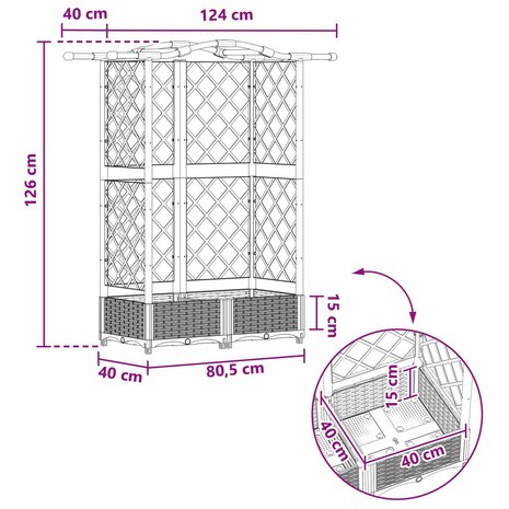 Verhoogde tuinbak met Trellis en Dak Bruin 124 x 40 x 126 cm PP 8