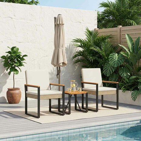 Buitenmeubelset met kussen 3 pcs Beige en Cr&egrave;me Wit poly rattan 1
